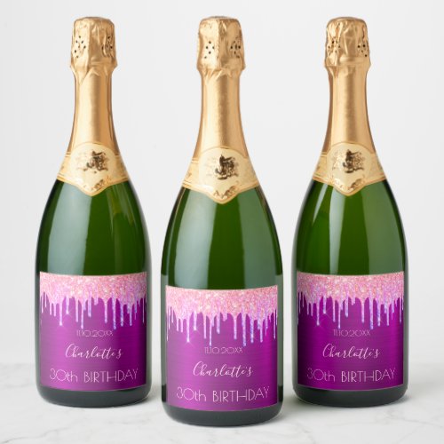 Birthday party purple glitter pink rose gold sparkling wine label