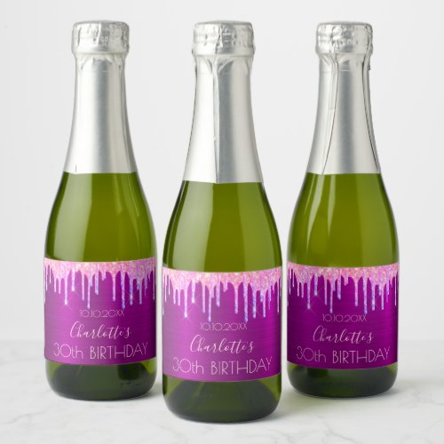 Birthday party purple glitter pink rose name sparkling wine label