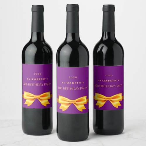 Birthday party purple gold bow name wine label