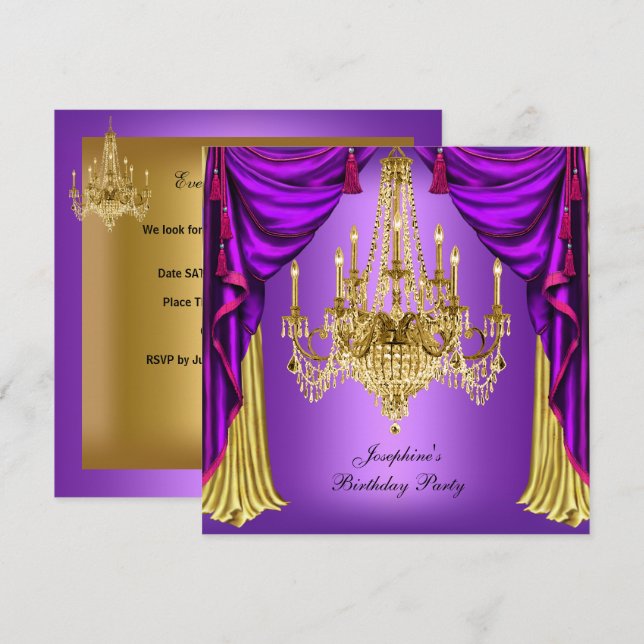 Birthday Party Purple Gold Chandelier Drapes Invitation (Front/Back)