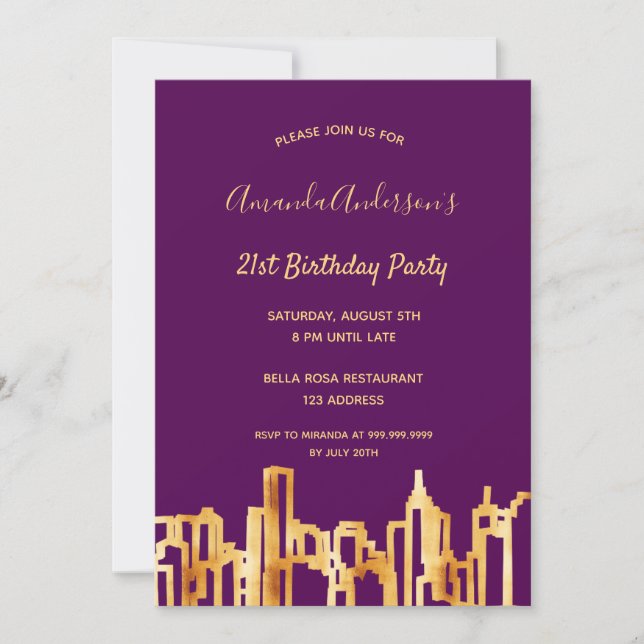 Birthday party purple gold city skyline invitation (Front)