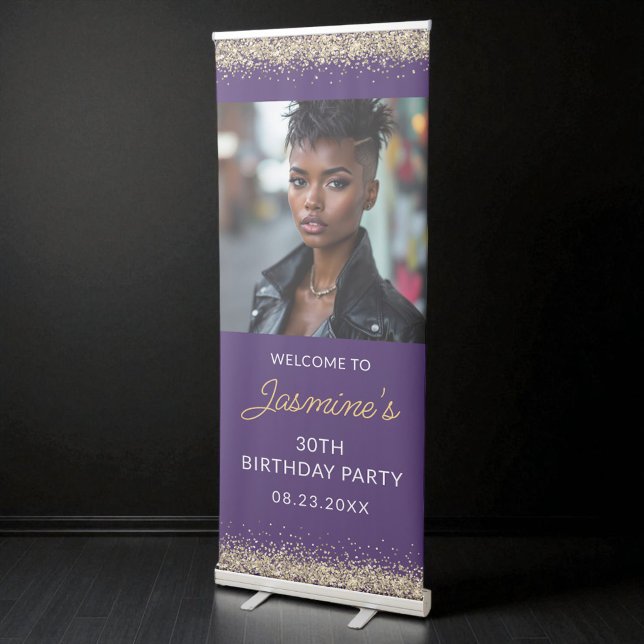 Birthday Party Purple Gold Glitter Photo Retractable Banner (Creator Uploaded)