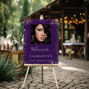 Birthday party purple gold glitter photo welcome foam board