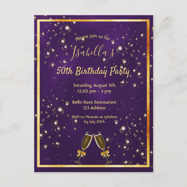 Birthday party purple gold invitation postcard (Front)