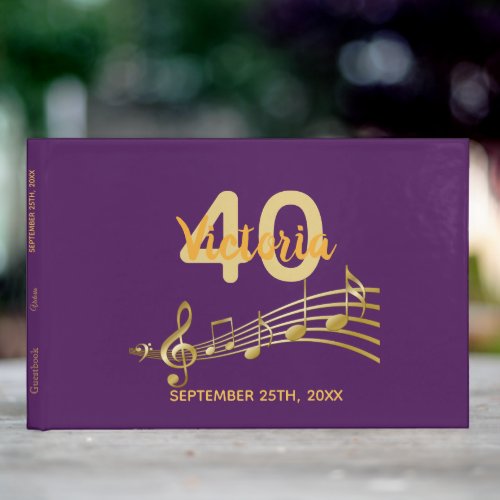 Birthday party purple gold music notes guest book