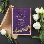 Birthday party purple gold music notes invitation<br><div class="desc">A trendy,  modern 50th or any age birthday party invitation card for her,  women.  A classic dark purple background,  with faux gold  frame and music notes,  golden colored letters. The purple color is uneven. Templates for a name,  age and your party information.  Back: Purple color faux gold music notes.</div>