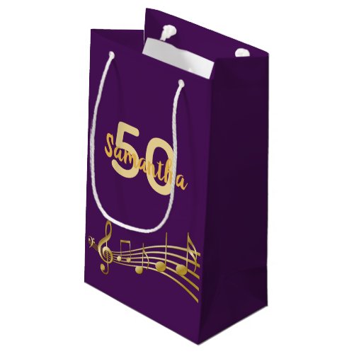 Birthday party purple gold music notes name small gift bag