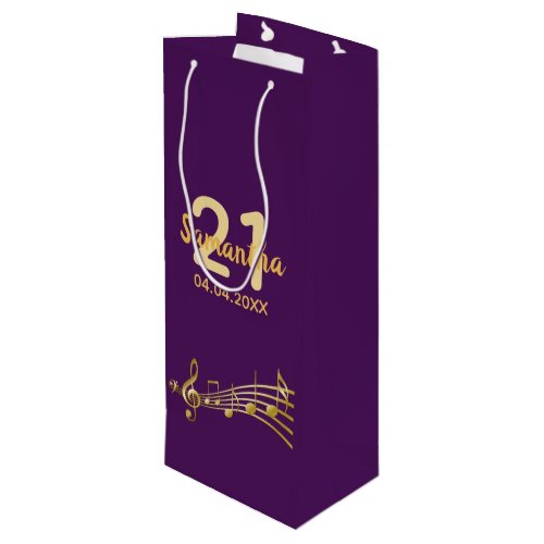 Birthday party purple gold music notes name wine gift bag