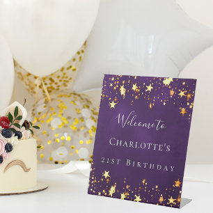Birthday party purple gold stars welcome pedestal sign