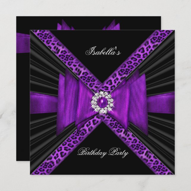 Birthday Party Purple Leopard Black Diamond Bow Invitation (Front/Back)