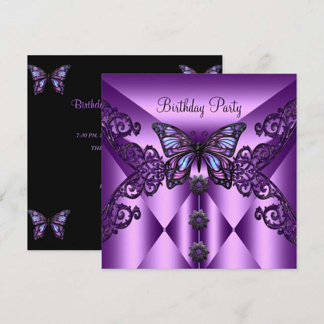 Birthday Party Purple Lilac Butterfly Invitation (Front/Back)