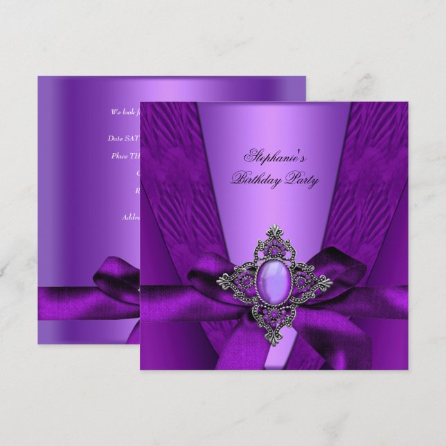 Birthday Party Purple Lilac Silver Jewel Bow 2 Invitation (Front/Back)