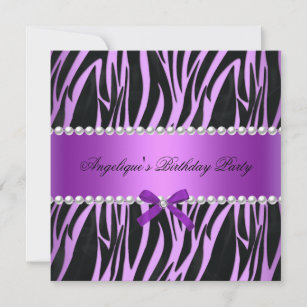 Birthday Party Purple Pink Black Zebra Pearl Invitation