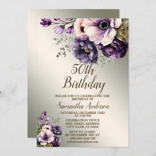 Birthday Party Purple Pink Flowers Golden Elegant Invitation