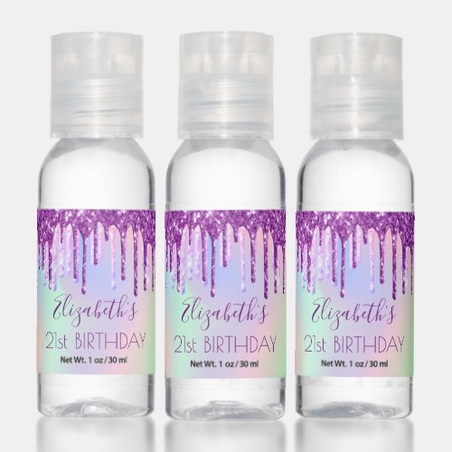 Birthday party purple pink glitter drips hand sanitizer