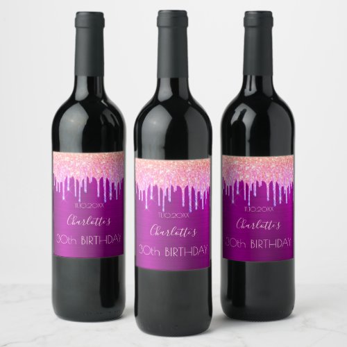 Birthday party purple pink glitter drips wine label