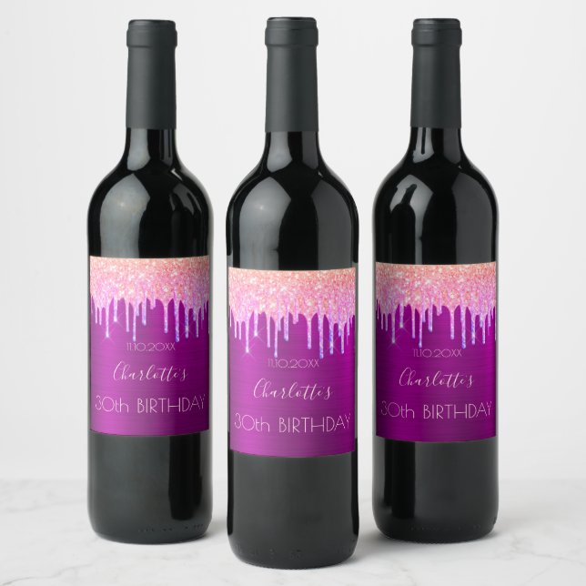 Birthday party purple pink glitter drips wine label (Bottles)