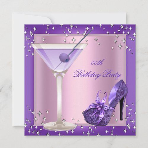 Birthday Party Purple Pink Shoes Martini Invitation