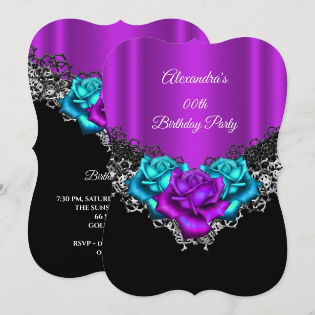Birthday Party Purple Pink Teal Rose Lace Black Invitation (Front/Back)
