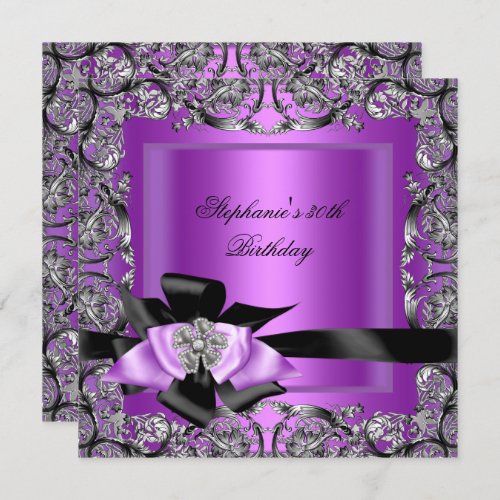 Birthday Party Purple Silver Black Bow Invitation