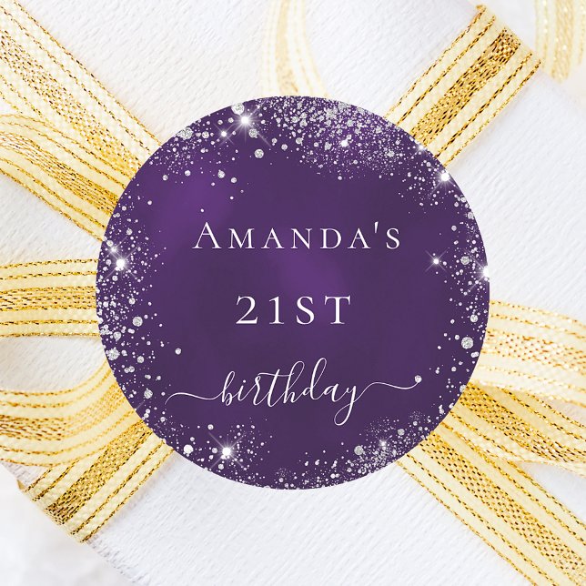 Birthday party purple silver glitter name classic round sticker (Creator Uploaded)