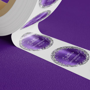 Birthday Party Purple Silver Glitter Personalized Classic Round Sticker