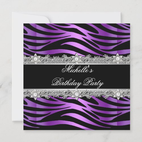 Birthday Party Purple Silver Zebra Diamond Black Invitation
