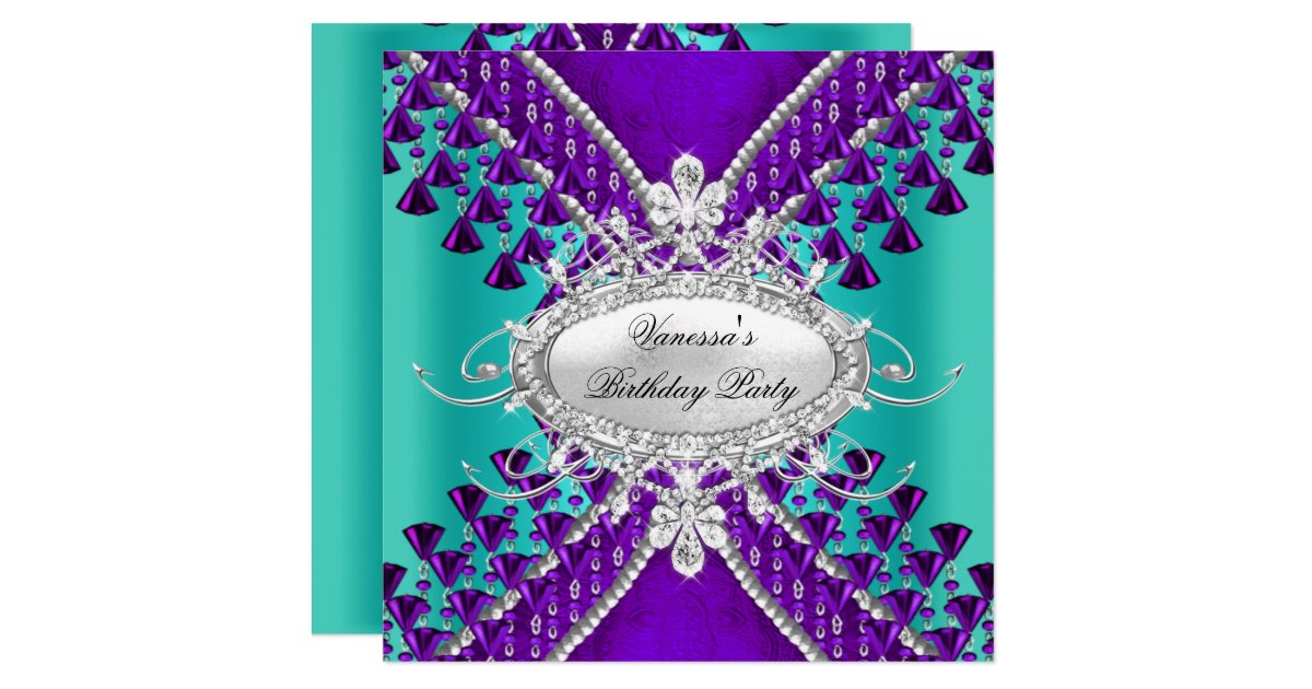 Birthday Party Purple Teal Blue Diamond Beads Invitation