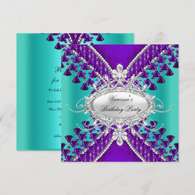 Birthday Party Purple Teal Blue Diamond Beads Invitation (Front/Back)