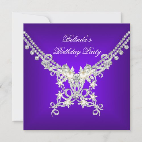 Birthday Party Purple White Silver Pearl Jewel Invitation