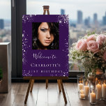 Birthday party purplesilver glitter photo welcome  foam board<br><div class="desc">A welcome board for a 21st (or any age) birthday party. Personalize and add a photo,  a name and age. A purple background and faux silver glitter dust.
Back: no design.</div>
