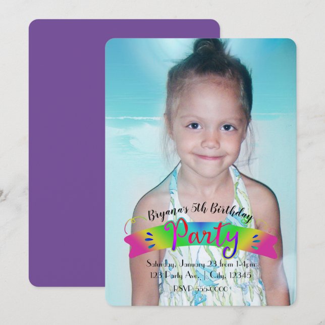 Birthday PARTY Rainbow Color Photo Invitation (Front/Back)