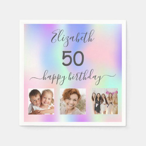 Birthday party rainbow custom photo holographic napkins