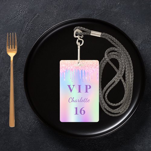 Birthday party rainbow glitter name VIP invitation Badge
