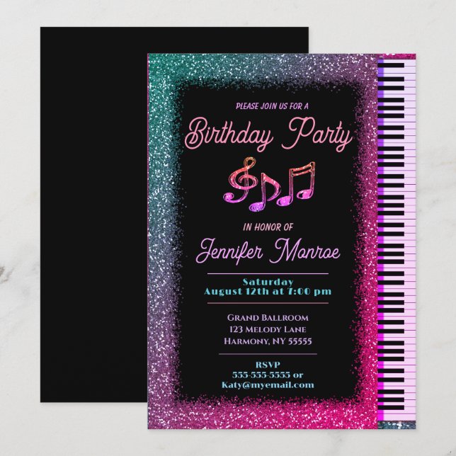 Birthday Party Rainbow Glitter Piano Invitation (Front/Back)