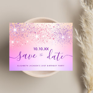 Birthday party rainbow glitter pink save the date postcard