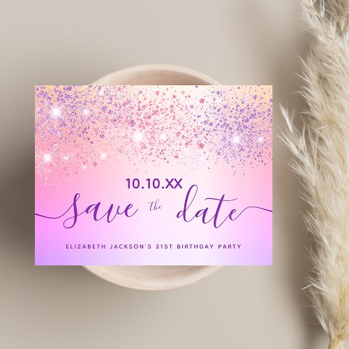 Birthday party rainbow glitter pink save the date postcard