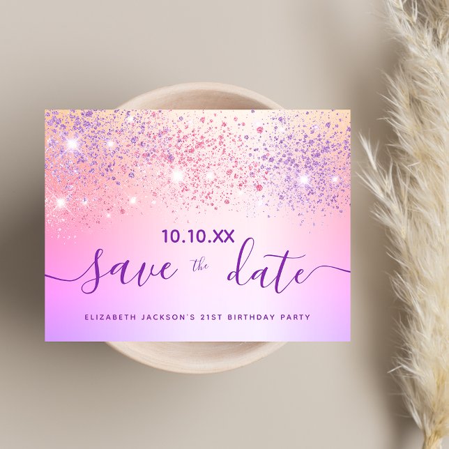 Birthday party rainbow glitter pink save the date postcard (Creator Uploaded)