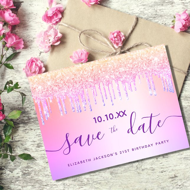 Birthday party rainbow glitter pink save the date postcard (Creator Uploaded)