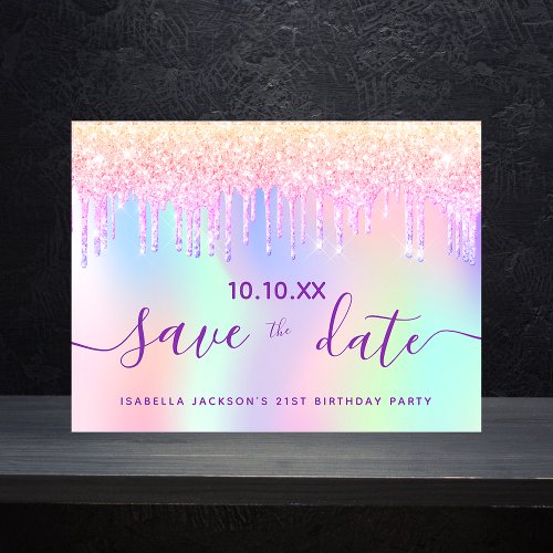Birthday party rainbow glitter pink save the date postcard