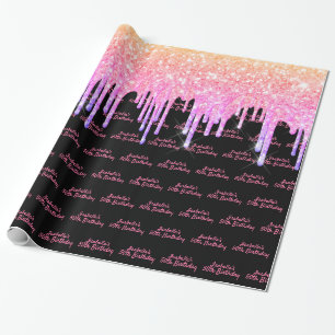 Birthday party rainbow pink glitter black sparkle wrapping paper