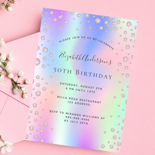 Birthday party rainbow rose gold diamonds purple invitation