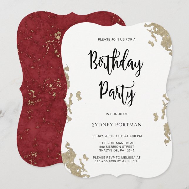 Birthday Party Red and White Faux Gold Marble Invitation (Front/Back)