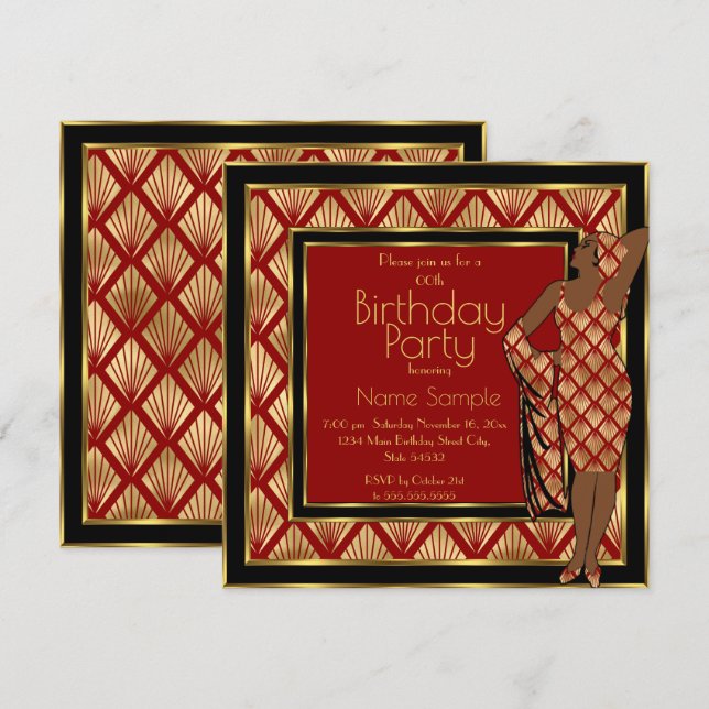 Birthday Party Red Black Gold Art Deco 1930 Lady Invitation (Front/Back)