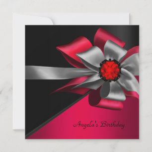 Birthday Party Red Black Grey Silver Bow Jewel Invitation
