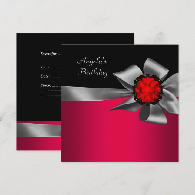 Birthday Party Red Black Red Jewel Grey Bow Invitation (Front/Back)