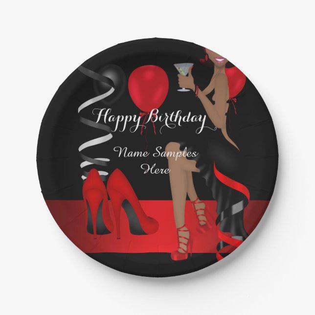 Birthday Party Red Black Shoe High Heels Ethnic Paper Plates (Front)