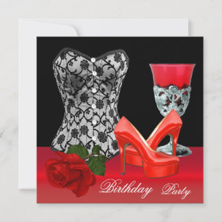 Birthday Party Red Black Shoes Corset Rose Invitation