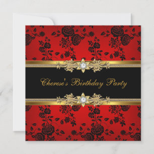Birthday Party Red Damask Gold Black Diamond Invitation