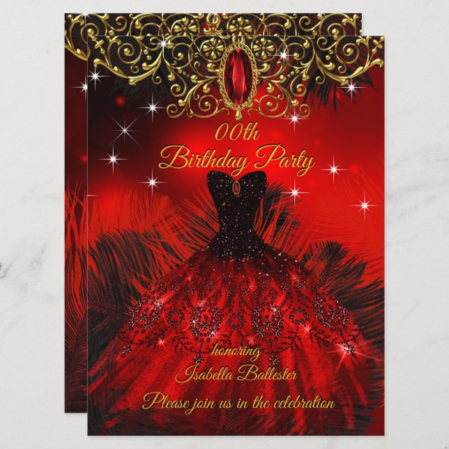 Birthday Party Red Dress Black Feathers Gold Invitation (Front/Back)